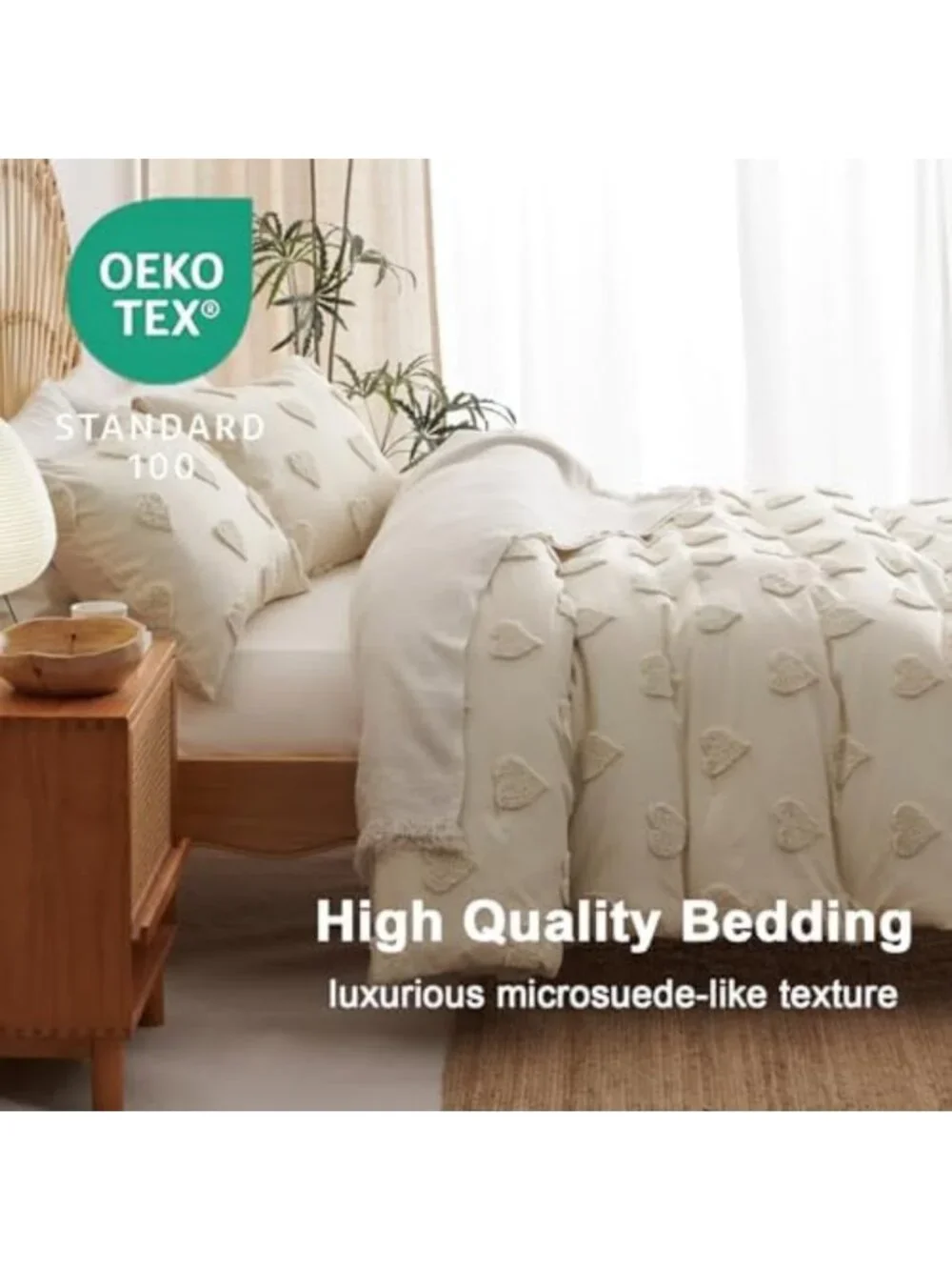 Queen Boho Tufted Comforter Set - Beige Textured Bedding, 3-Piece Farmhouse Chic